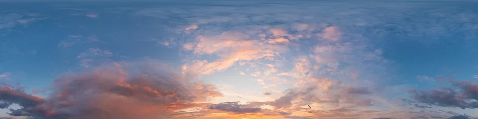 Foto op Canvas Dark blue sunset sky panorama with Cirrus clouds. Seamless hdr pano in spherical equirectangular format. Complete zenith for 3D visualization, game and sky replacement for aerial drone 360 panoramas. © panophotograph