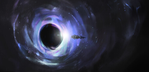 Spaceship near the black hole, 3d illustration. © liuzishan