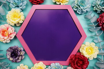 Purple Hexagon background and pink border decorate with flowers on blue background