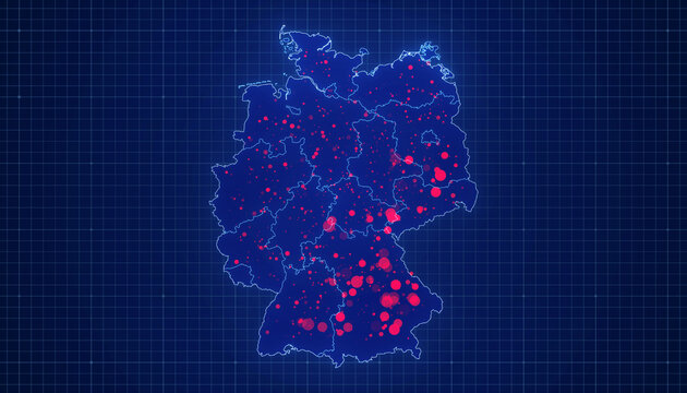 3d Illustration - Coronavirus - Deutschlandkarte - 16 Bundesländer - Ausbruch - Fallzahlen - Deutschland - COVID-19 - Karte