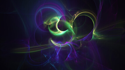 Abstract colorful violet and green fiery shapes. Fantasy light background. Digital fractal art. 3d rendering.