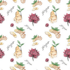 Seamless pattern with ginger: ginger root and slice, flower, oil, soap and bath salt. Cosmetic and medical plant. watercolor illustration hand drawn