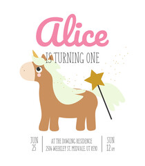 Vector illustration, isolated, on a white background. An invitation to a unicorn party in a cartoon style with a magical cute brown unicorn. Cartoon style.