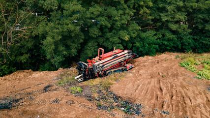 Aerial view of Drilling machine work process. Horizontal directional drilling technology....