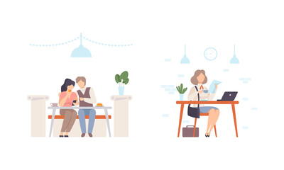 Man and Woman Character Eating Out Sitting at Cafe Table Having Dinner Vector Set