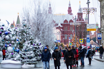 Russia. Moscow. Christmas. View of the Kremlin Christmas tree in the Alexander Garden from the...