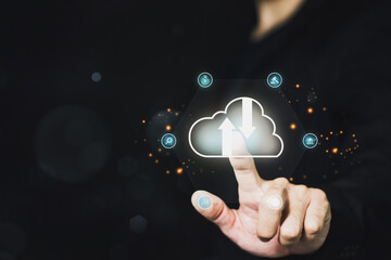 Hand touching infographic cloud computing and technology icons