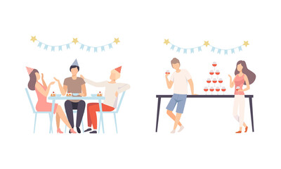 Joyful People Character in Cone Hat Eating Cake at Table and Drinking Cocktail Celebrating Feast Vector Illustration Set