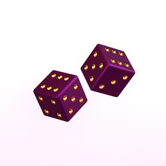Two randomly rotated dark purple dice with gold embossed dots. Isolated on white background. 3d render.