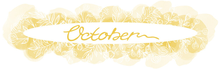 Autumn calligraphy line art lettering. Yellow one line hand drawing of a Oktober month in an oval frame with leaves and flowers and watercolor blots on white background