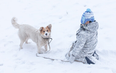 A boy with a dog plays in the snow