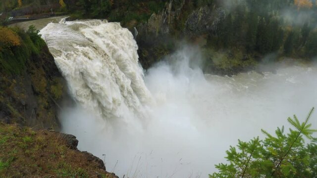 Massive Waterfall Overflowing Rock Cliff Edge Slow Motion