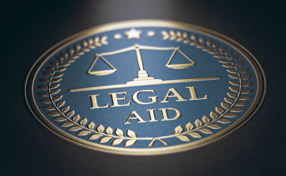 Legal aid written with golden letters over blue and black background. Law concept. 3D illustration.