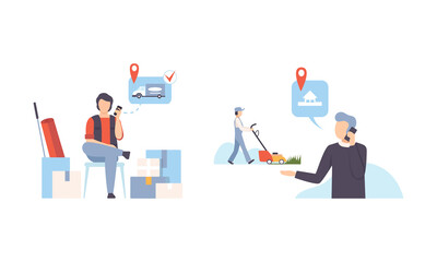 Man Ordering Freight Mover and Gardening Service Vector Set