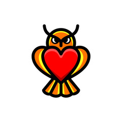 Simple Vector Logo Design shape Owl Bird and Icon Love In Background White with Mascot Cartoon style. You can edit as you wish