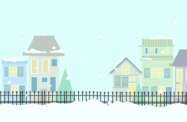 Fototapeta na wymiar Vector illustration of winter city park with snow and big modern city background. Christmas winter city skyline. Cute styled modern flat vector illustration background scene.