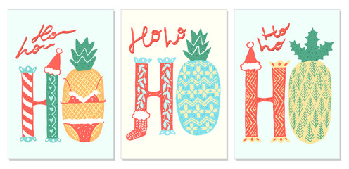 Tropical Hot Christmas card template set with hand drawn lettering phrase - ho ho ho and decorated festive pineapples. Freehand vector for holiday greeting card, postcard, decoration print, t-shirt. 