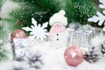 Christmas decoration of a snowman, the concept of Christmas and New Year.New Year's card