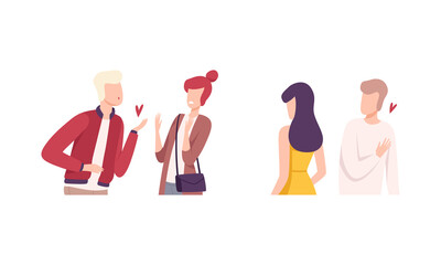 Man and Woman Experiencing Unrequited Love Feeling Vector Set