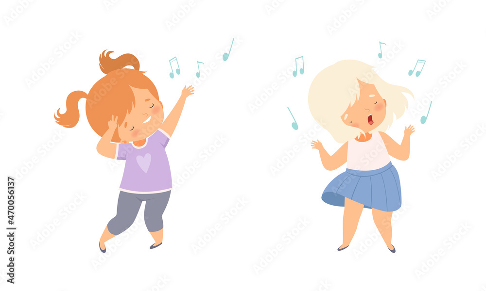 Wall mural little kids dancing to music rhythm and singing vector set