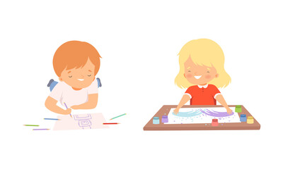 Little Boy and Girl at Table Drawing on Paper with Colored Pencil and Paints Vector Set