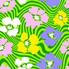 Abstract Hand Drawing Optical Wavy Lines Background with Simple Flowers Seamless Vector Pattern