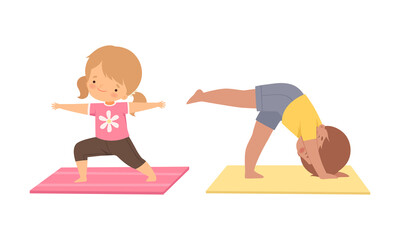 Cute Boy and Girl Doing Yoga Standing in Asana on Mat Vector Set