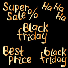 Set of vector lettering Best price, super sale, black Friday. Poster, title or design element in doodle flat style on theme of purchases, discounts, special offers, promotions