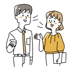 楽しそうに会話をするビジネスマンとオフィスレディ