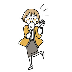 メガフォンを持って声がけするセールの販売員の女性