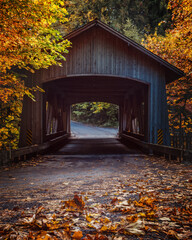 Autumn Fall Leaves Covered Bridge In The Pacific Northwest
