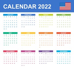 USA Calendar for 2022. Scheduler, agenda or diary template. Week starts on Sunday