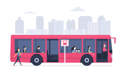 City bus with passengers in medical masks against the background of an abstract cityscape. Vector illustration.