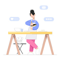 Cartoon woman cooking in kitchen. Vector illustration.