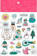 Hand drawn winter character stickers collection vector