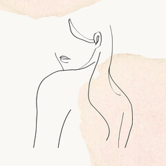 Woman upper body vector line art illustration on beige pastel watercolor background