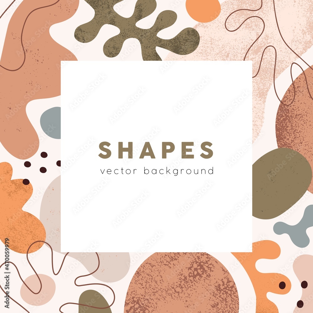 Aufkleber Modern minimal background with square frame of abstract geometric shapes. Card template design for social media posts with border of creative blobs and leaf. Colored flat graphic vector illustration