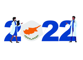 2022 with a protective mask with the flag of Cyprus. Happy New Year 2022 with protection from the COVID-19 coronavirus epidemic. Year 2022 with Cyprus  flag and doctors on white background.