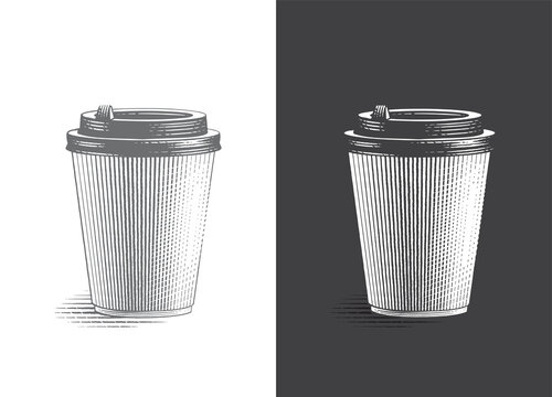 Coffe paper cup takeaway Hand drawing sketch engraving illustration style