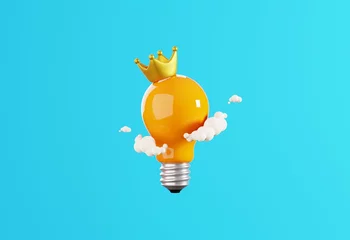 Foto op Plexiglas Light bulb with crown and cloud isolated on blue background. Creative idea concept, 3D illustration © 3Q