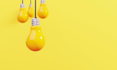 Minimal yellow light bulbs on yellow background. Creative concept of idea, 3D illustration