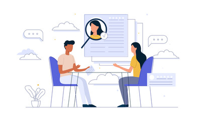 HR specialist having an interview with job applicant. Negotiation. Meeting. Man and Woman Characters Having Business Conversation. Employment process. Flat Vector Illustration