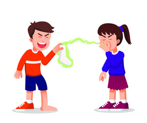 Little girl is bothered by the stench of the boys socks