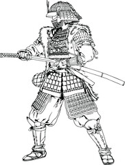 Japanese samurai warrior with a sword, attacks the enemy, hand-drawn sketch, realistic