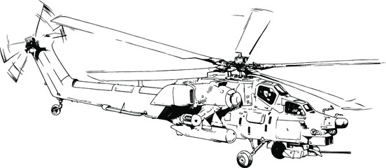 a large military helicopter with missiles and machine guns, attacking the target, a hand-drawn realistic sketch of the loy logo and design