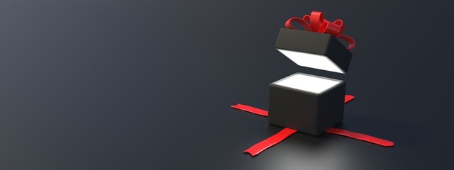 Black Friday sale advertise concept. Gift box black open, red ribbon bow. 3d illustration