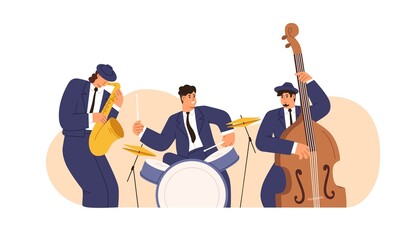 Jazz band with saxophone, drum kit and double bass. Musicians men in suits playing blues. Drummer, saxophonist and cello player with instruments. Flat vector illustration isolated on white background