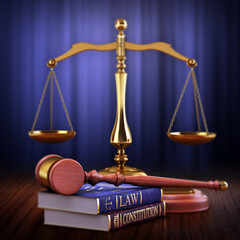 Justice concept, scales, gavel, law and constitution books