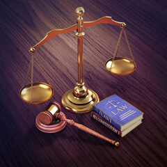 Justice concept, scales, gavel, law and constitution books