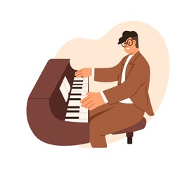 Musician playing piano. Pianist performing classical music on keyboard instrument. Happy professional talented player sitting on chair in suit. Flat vector illustration isolated on white background